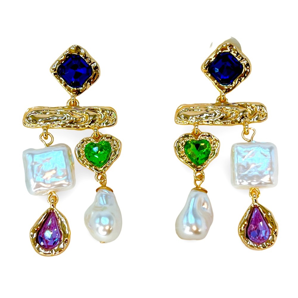 Gold plated pearl hammered crystal 2.5” earrings blue green freshwater shape